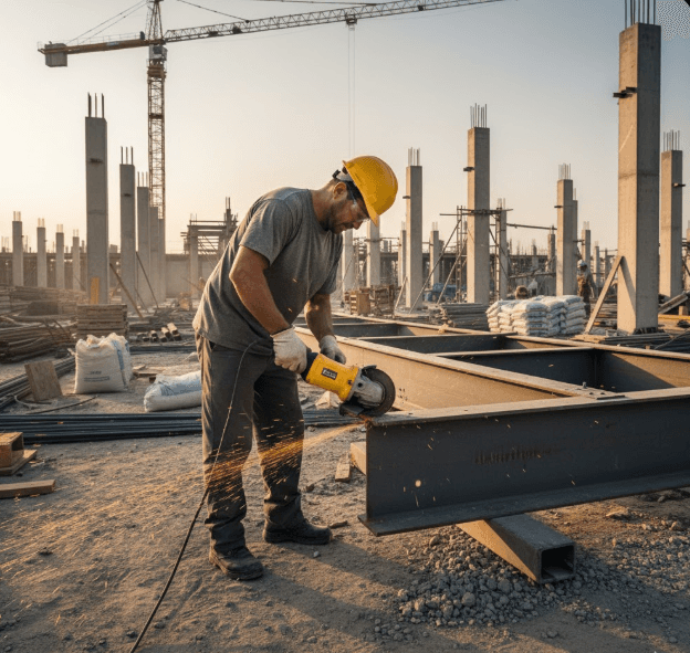 QEP angle grinder cutting through tile on a construction jobsite