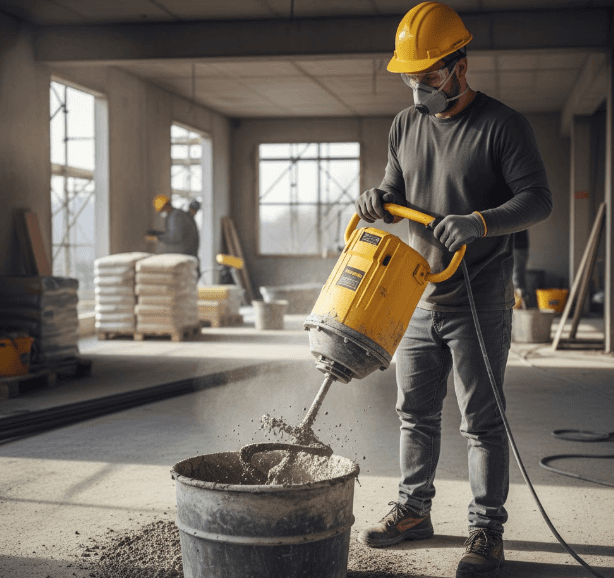 Contractor using a QEP paddle mixer to blend thin-set mortar in a bucket