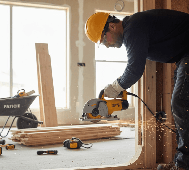 Flooring installer using a QEP jamb saw to trim a wooden door frame