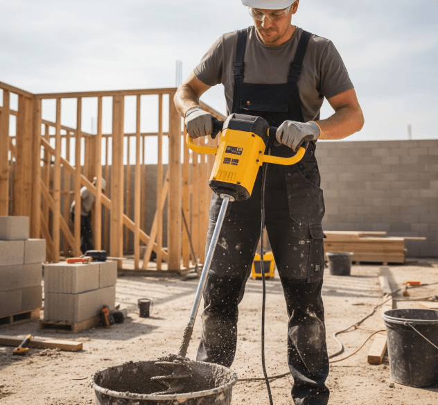 QEP paddle mixer blending tile adhesive in a mixing bucket