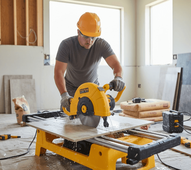 QEP tile saw cutting a porcelain tile with water cooling system