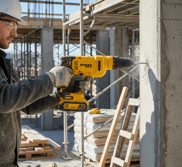 Contractor using a QEP drill with mixing attachment in a bucket of mortar