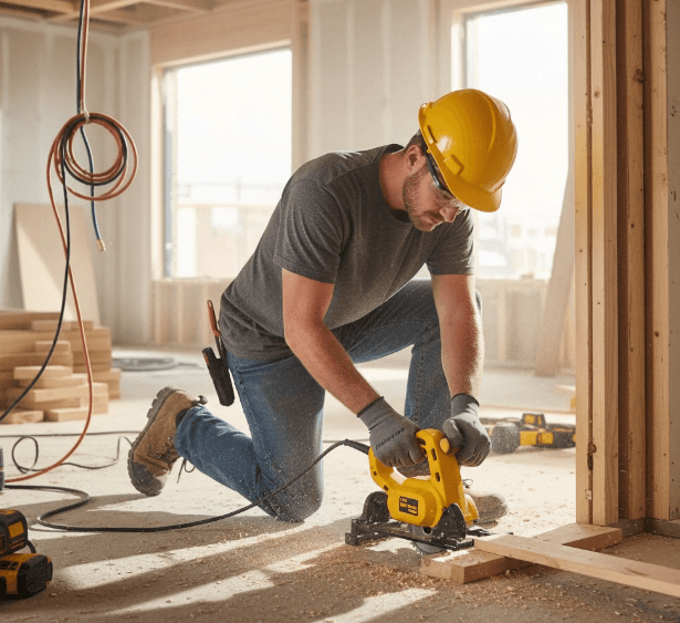 QEP jamb saw cutting a door jamb at floor level during flooring installation